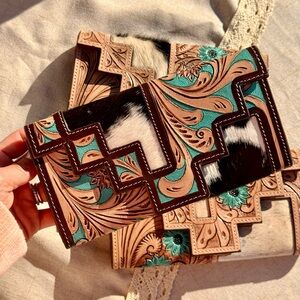 Floral Tooled Leather Wallet with Cowhide